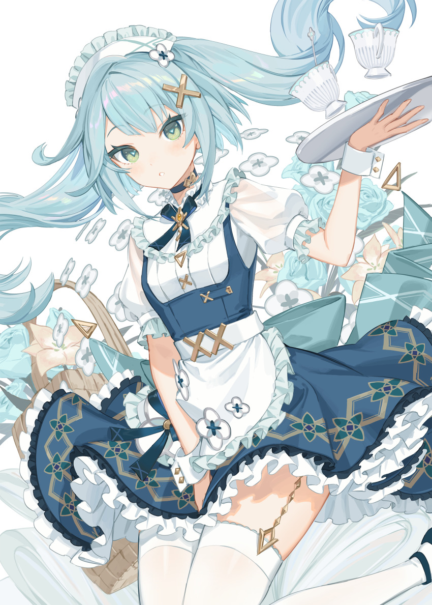 1girl absurdres apron blue_hair breasts commentary_request cup dress faruzan_(genshin_cafe_in_seoul)_(genshin_impact) faruzan_(genshin_impact) floating_hair genshin_impact green_eyes highres long_hair looking_at_viewer maid maid_apron maid_headdress official_alternate_costume parted_lips short_sleeves simple_background small_breasts symbol-shaped_pupils thighhighs tray triangle-shaped_pupils twintails white_background white_thighhighs yu-ri_(arium047) zettai_ryouiki