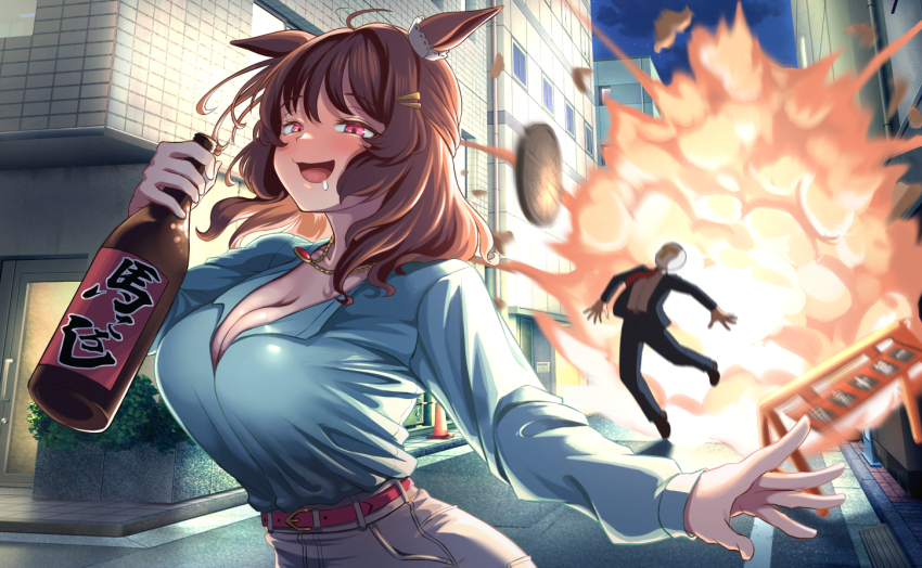 1boy 1girl belt belt_buckle blue_shirt blush bottle breasts brown_hair buckle cleavage commentary_request drooling drunk explosion grey_pants holding holding_bottle horse_girl large_breasts light_hello_(umamusume) long_sleeves looking_at_viewer medium_hair night night_sky nose_blush ohmi-wisteria open_mouth outdoors pants pink_eyes red_belt sake_bottle shirt sky smile solo_focus t-head_trainer_(umamusume) trainer_(umamusume) umamusume