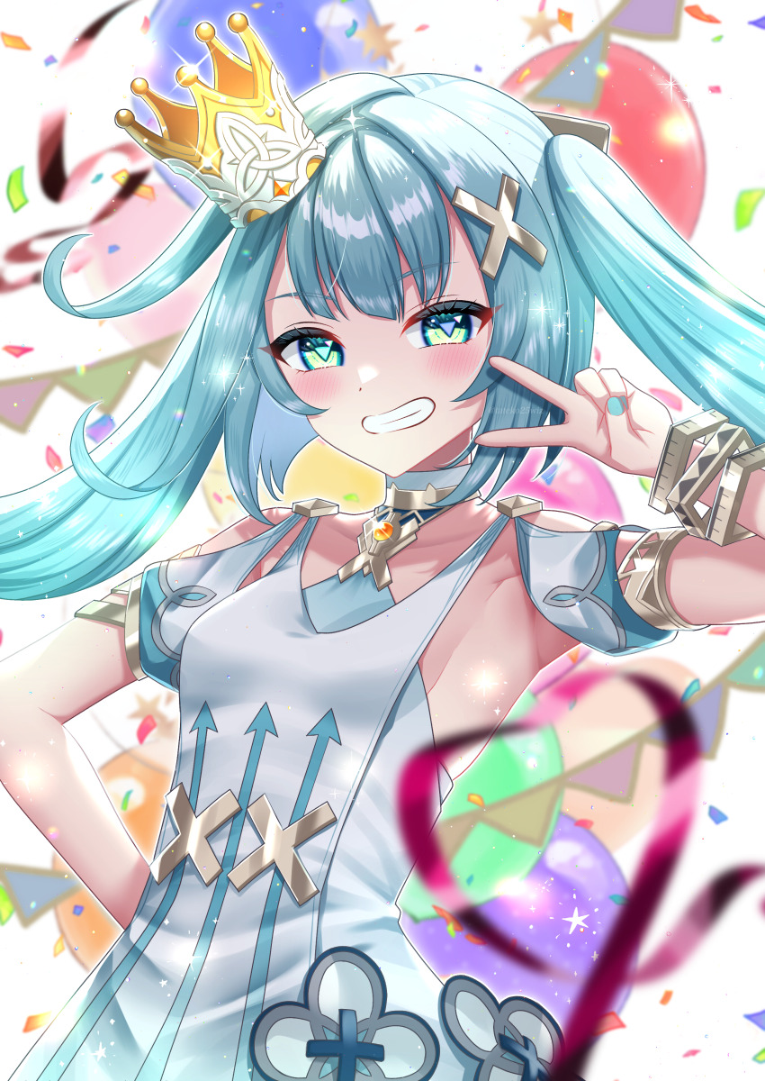 1girl absurdres aqua_hair balloon blush breasts clothing_cutout commentary_request confetti crown crown_of_insight dress faruzan_(genshin_impact) genshin_impact green_eyes grin hair_ornament hand_on_own_hip hand_up highres long_hair looking_at_viewer shoulder_cutout sleeveless sleeveless_dress small_breasts smile solo symbol-shaped_pupils tateko25wiz triangle-shaped_pupils twintails upper_body v white_dress bracelet x_hair_ornament