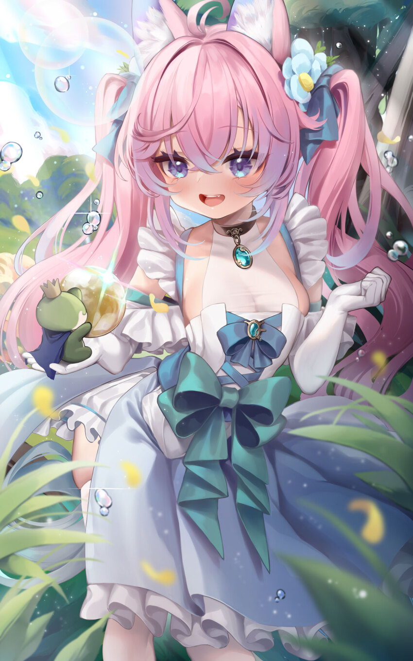 1girl ahoge animal animal_ear_fluff animal_ears bad_source blush bow breasts cleavage day dress dress_bow elbow_gloves flower fox_ears fox_girl frilled_dress frills gloves gradient_hair hair_between_eyes hair_flower hair_ornament hand_up highres holding holding_animal indie_virtual_youtuber long_bangs long_hair multicolored_hair nature official_art open_mouth outdoors pink_hair plant purple_eyes see-through_clothes sidelocks smile solo standing teeth teletha_(vtuber) thighhighs twintails upper_teeth_only virtual_youtuber white_gloves white_thighhighs