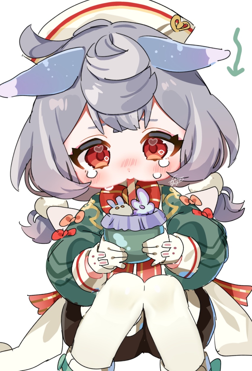 1girl animal_ears aqua_shirt arrow_(symbol) artist_name black_shorts blue_hair blush bow bowtie brooch commentary_request crossed_bangs crying cup drinking_straw drinking_straw_in_mouth ears_down feet_out_of_frame genshin_impact gloves gradient_hair hair_between_eyes hair_ornament hat heart heart_in_eye highres holding holding_cup jewelry knees_up long_sleeves low_twintails meda_cha medium_hair milkshake multicolored_hair nurse_cap pantyhose pink_bow pom_pom_(clothes) pom_pom_hair_ornament puffy_cheeks puffy_long_sleeves puffy_shorts puffy_sleeves purple_hair red_bow red_bowtie red_eyes red_ribbon ribbon sad shirt shorts sidelocks sigewinne_(genshin_impact) signature simple_background sitting solo symbol_in_eye tears twintails white_background white_gloves white_hat white_pantyhose