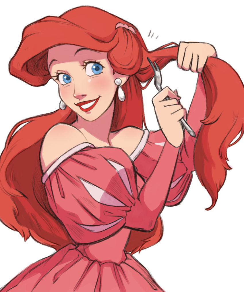 1girl ariel_(disney) blue_eyes dress earrings european_clothes fork highres holding holding_fork jewelry long_hair looking_at_viewer pink_dress red_hair red_lips simple_background solo teeth the_little_mermaid_(disney) user_wtwz3334 white_background