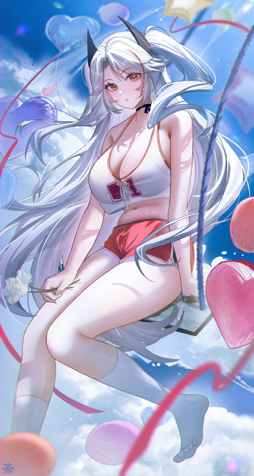 1girl absurdres azur_lane balloon bare_arms bare_shoulders blush breasts choker cleavage flower heart_balloon highres holding holding_flower kneehighs large_breasts long_hair looking_at_viewer multicolored_hair navel official_alternate_costume orange_eyes outdoors prinz_eugen_(azur_lane) prinz_eugen_(brilliant_touchdown)_(azur_lane) red_hair red_shorts short_shorts shorts sleeveless socks solo streaked_hair tansuan_(ensj3875) thighs white_hair white_socks