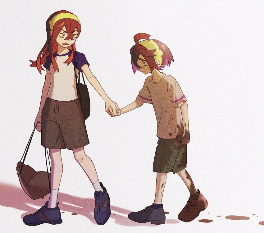 1boy 1girl alternate_costume bag black_bag black_hair blue_footwear blush brother_and_sister brown_shorts carmine_(pokemon) closed_mouth commentary crossed_bangs dirty dirty_clothes dirty_hands green_shorts hairband highres holding_hands kieran_(pokemon) long_hair mole mole_on_neck mole_under_eye mud nintendo open_mouth pokemon pokemon_sv purple_hair red_hair shirt shoes short_sleeves shorts siblings simple_background socks standing tears white_socks yellow_eyes yellow_hairband zannka2