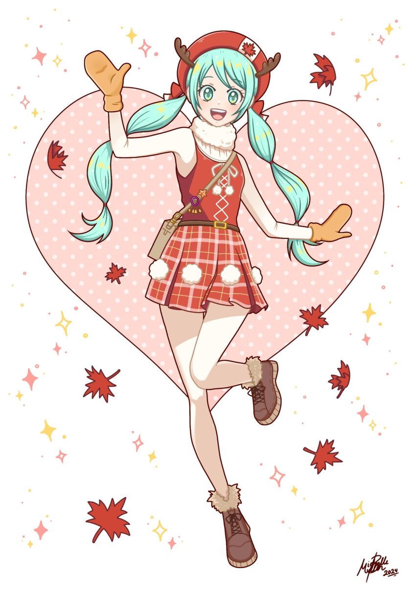 :d antlers aqua_hair boots canada fur_boots hatsune_miku hatsune_miku_expo heart heart_background highres horns leaf long_hair looking_at_viewer maple_leaf mew_shelle mittens open_mouth pom_pom_(clothes) reindeer_antlers sleeveless smile twintails ugg_boots very_long_hair vocaloid