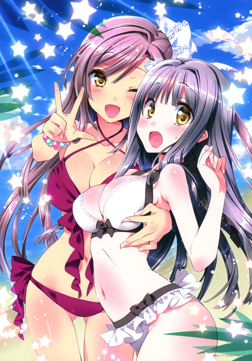 2girls ;d absurdres akagi_chisato akagi_kaori beach bikini body_blush bracelet breasts cleavage criss-cross_halter d: day frilled_bikini frills front-tie_top halterneck highres jewelry kamiya_maneki large_breasts long_hair multiple_girls navel one_eye_closed open_mouth pink_hair purple_bikini purple_hair relations_sisterxsister shiny_skin siblings side-tie_bikini_bottom sisters smile swimsuit thigh_gap very_long_hair white_bikini wink yellow_eyes