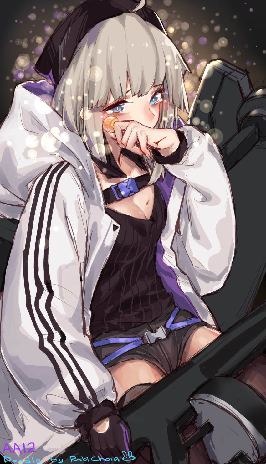 aa-12 aa-12_(girls&#039;_frontline) absurdres automatic_shotgun candy combat_shotgun cyta_celest drum_magazine food girls&#039;_frontline gun high-capacity_magazine highres lollipop magazine_(weapon) shotgun tears weapon