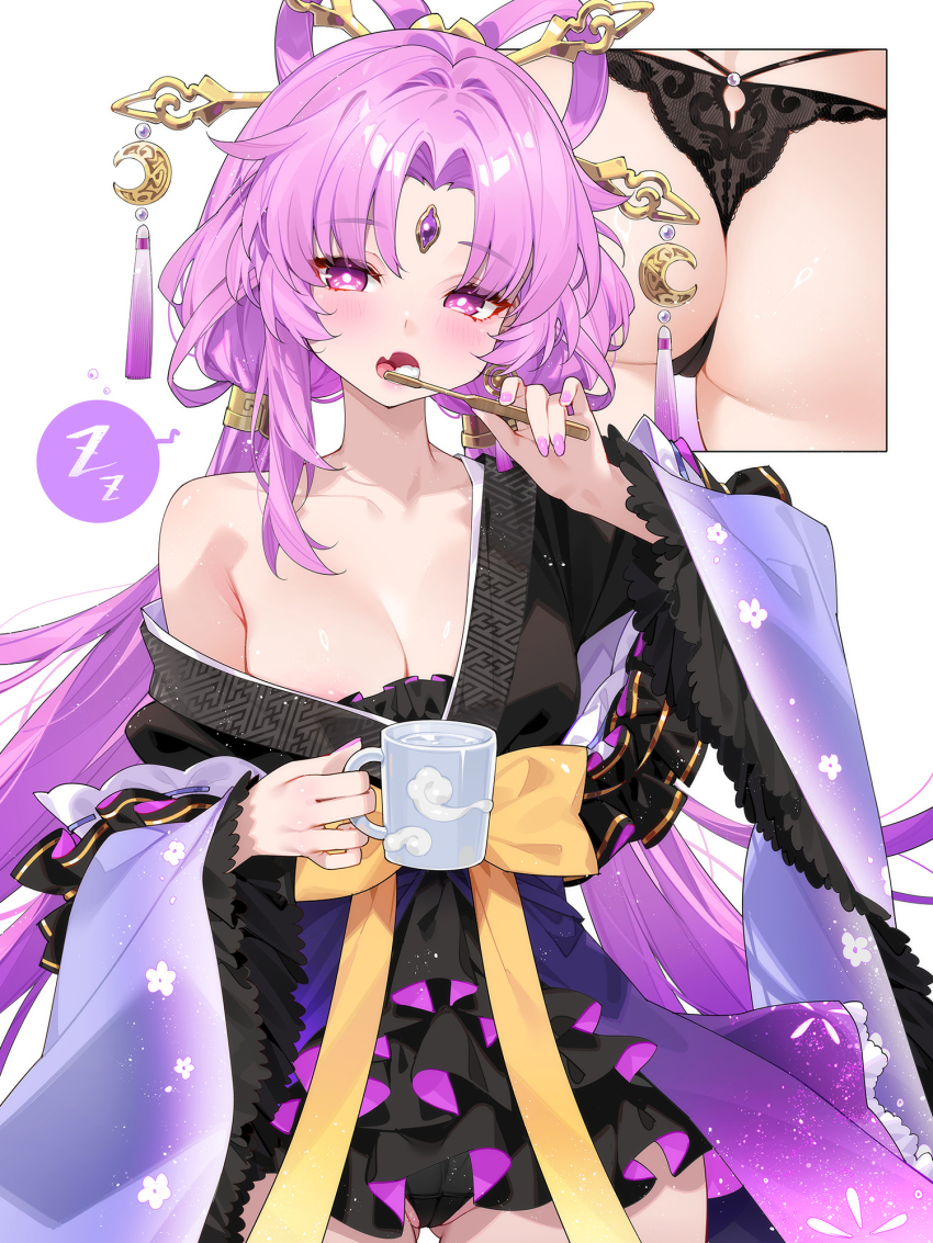 1girl ass bilingual_commentary black_kimono black_panties breasts commentary cup english_commentary fang feixianji_(hairstyle) fu_xuan_(honkai:_star_rail) highres holding holding_cup holding_toothbrush honkai:_star_rail honkai_(series) japanese_clothes kimono long_hair looking_at_viewer medium_breasts mixed-language_commentary open_mouth paid_reward_available panties pink_eyes pink_hair simple_background skin_fang solo textless_version toothbrush toothbrush_in_mouth underwear waterring white_background wide_sleeves