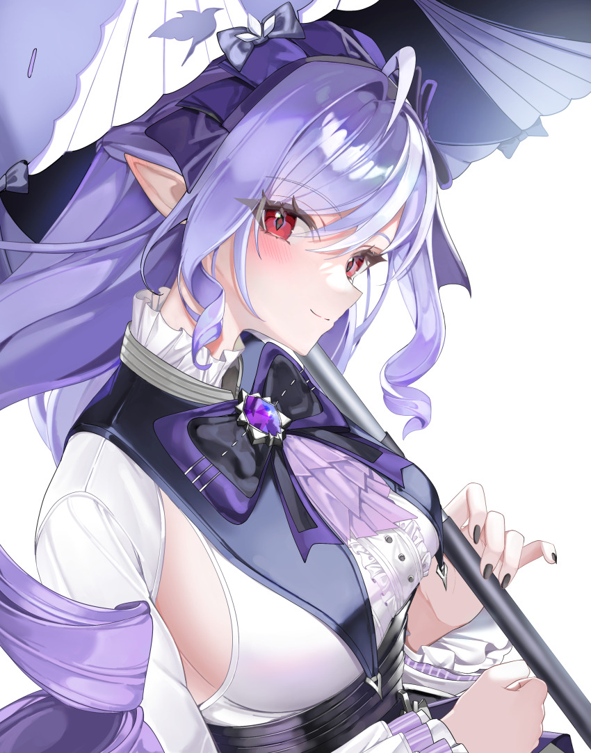 1girl absurdres ascot black_nails blush breasts closed_mouth commentary gem highres holding holding_umbrella large_breasts long_hair long_sleeves looking_at_viewer multicolored_hair nail_polish parasol pointy_ears purple_ascot purple_gemstone purple_umbrella red_eyes samenami0711 shrug_(clothing) sidelocks smile solo streaked_hair umbrella upper_body vivian_(zenless_zone_zero) white_shrug zenless_zone_zero