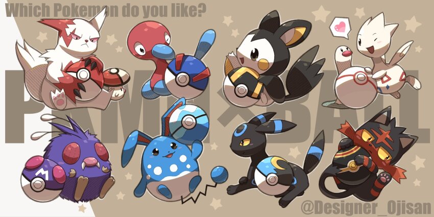 :d ;d alternate_color antennae arm_up artist_name azumarill black_eyes blush blush_stickers brown_background claws closed_mouth commentary commentary_request designer_ojisan dive_ball emolga english_commentary english_text fangs foongus frown gen_1_pokemon gen_2_pokemon gen_3_pokemon gen_5_pokemon gen_7_pokemon great_ball heart highres holding holding_poke_ball litten looking_at_another luxury_ball master_ball mixed-language_commentary moon_ball nintendo no_humans one_eye_closed open_mouth pawpads poke_ball poke_ball_(basic) pokemon pokemon_(creature) porygon2 premier_ball red_eyes shiny_pokemon simple_background sitting smile speech_bubble spoken_heart star_(symbol) togetic twitter_username ultra_ball umbreon v-shaped_eyebrows venonat white_background wiglett yellow_eyes zangoose