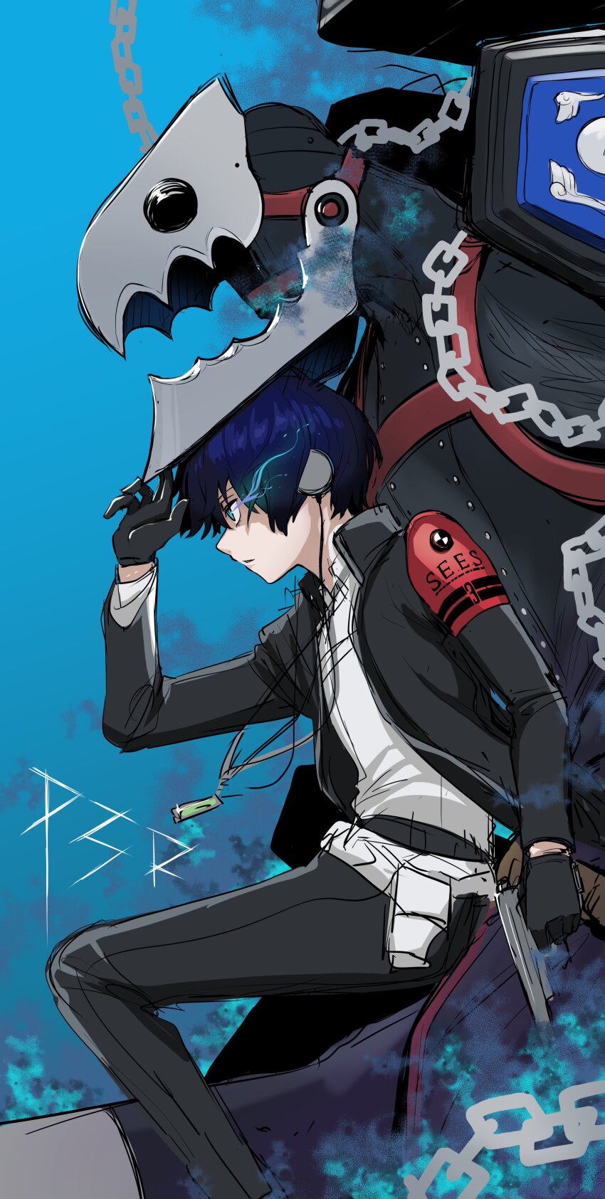 1boy absurdres black_gloves black_jacket blue_background blue_eyes blue_fire blue_hair chain collared_shirt copyright_name digital_media_player digital_walkman evoker fire from_side gekkoukan_high_school_uniform gloves hashtag-only_commentary headphones highres jacket long_sleeves male_focus monster persona persona_(summon) persona_3 ribbon s.e.e.s school_uniform shirt short_hair thanatos_(persona) walkman_nw-s203f white_shirt yamato1001_1214 yuuki_makoto_(persona_3)
