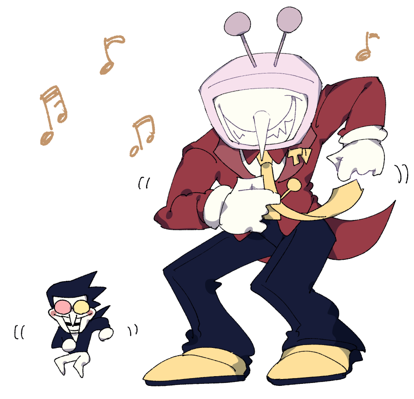2boys ant_tenna crt dancing deltarune heterochromatic_eyewear highres long_nose multiple_boys musical_note necktie nikorashi-ka object_head pointy_nose round_eyewear shoes spamton_g._spamton tailcoat tinted_eyewear yellow_necktie yellow_shoes