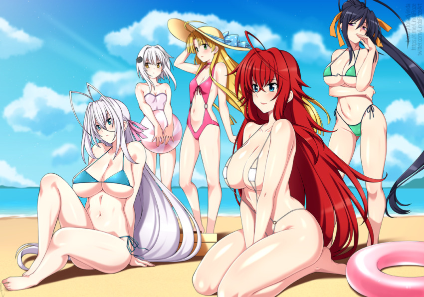5girls ahoge antenna_hair asia_argento ball bare_shoulders barefoot beach beachball bikini black_hair blonde_hair blue_bikini blue_bow blue_eyes blue_sky bow breasts closed_mouth collarbone crossed_bangs day gluteal_fold green_eyes grey_hair hair_between_eyes hair_ribbon hand_up hat hat_bow high_ponytail high_school_dxd highleg highleg_bikini himejima_akeno holding holding_ball holding_beachball huge_breasts knee_up large_breasts lindaroze long_hair looking_to_the_side medium_breasts micro_bikini multiple_girls navel o-ring o-ring_swimsuit ocean outdoors paid_reward_available parted_bangs pink_innertube pink_ribbon ponytail purple_eyes purple_hair red_hair rias_gremory ribbon rossweisse side-tie_bikini_bottom sitting sky slingshot_swimsuit standing sun_hat swimsuit thighs toujou_koneko twitter_username underboob very_long_hair watermark web_address white_slingshot_swimsuit yellow_eyes yellow_ribbon