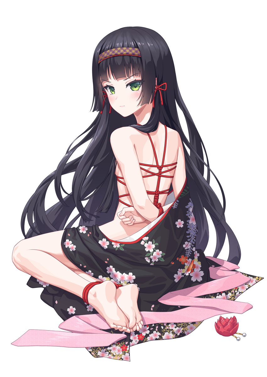 1girl angry annoyed arms_behind_back barefoot bdsm bishoujo_mangekyou bishoujo_mangekyou:_kotowari_to_meikyuu_no_shoujo bishoujo_mangekyou_(series) black_hair black_kimono blunt_bangs blush bondage bound bound_arms bow clothes_down flower glaring green_eyes hair_bow hair_flower hair_ornament hairband highres hime_cut japanese_clothes kimono lgmt long_hair looking_at_viewer looking_back lotus multiple_hair_bows naked_kimono no_shoes obi petite print_kimono red_bow red_flower renge_(bishoujo_mangekyou) sash shibari soles solo toes unworn_headwear very_long_hair
