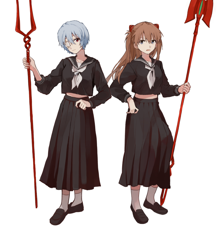 2girls ayanami_rei black_footwear black_serafuku black_shirt black_skirt blue_eyes brown_hair collarbone collared_shirt dango_(uni_520) eyepatch floating_hair full_body hair_between_eyes headgear highres holding holding_polearm holding_weapon lance_of_longinus_(evangelion) long_hair long_skirt long_sleeves looking_at_viewer midriff multiple_girls neckerchief neon_genesis_evangelion open_mouth pleated_skirt polearm red_eyes sailor_collar sailor_shirt school_uniform serafuku shirt short_hair silver_hair simple_background skirt socks souryuu_asuka_langley spear_of_cassius standing stomach very_long_hair weapon white_background white_legwear white_neckerchief