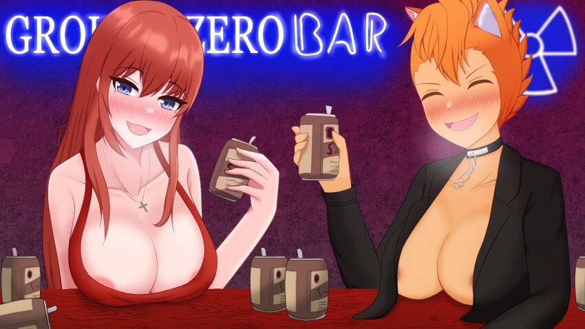 2girls animal_ears bar_(place) beer_can blue_eyes blush breasts can cat_ears cat_girl chain choker cleavage dark-skinned_female dark_skin drink_can drinking drunk fang grin halterneck highres jacket jewelry large_breasts laughing leather leather_jacket lena_(stormwyrm) long_hair mohawk multiple_girls neon_lights nipple_slip nipples orange_hair pendant rabitttt19 red_hair saoirse_(stormwyrm) smile stormwyrm the_incarnation_of_hatsune_miku