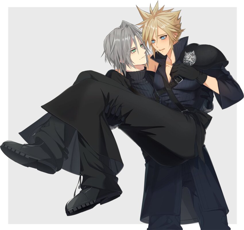 2boys armor black_boots black_coat black_gloves black_pants black_sweater black_vest blonde_hair blush boots bright_pupils carrying cloud_strife coat commentary dutch_angle embarrassed final_fantasy final_fantasy_vii final_fantasy_vii_advent_children final_fantasy_vii_ever_crisis furrowed_brow gloves green_eyes grey_background grey_hair hand_up highres looking_at_another lyell_ff14 male_focus multiple_boys open_mouth pants pauldrons princess_carry sephiroth sephiroth_(ever_crisis) short_hair shoulder_armor simple_background single_pauldron smile spiked_hair sweater time_paradox turtleneck turtleneck_sweater vest waist_cape yaoi