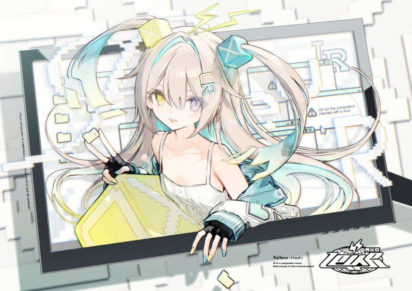1girl antenna_hair aqua_hair blonde_hair chocoan colored_inner_hair cube_hair_ornament dress grey_eyes hair_ornament heterochromia letter_hair_ornament leur_(voisona) lightning_ahoge multicolored_hair nail_polish sundress tongue tongue_out two-tone_hair voisona yellow_eyes