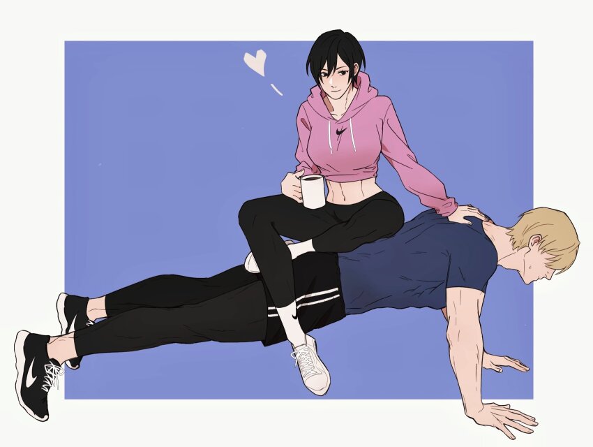 1boy 1girl aaamber_22 abs ada_wong alternate_costume black_hair black_pants black_shoes black_shorts blonde_hair blue_background blue_shirt border breasts closed_mouth cropped_hoodie cup exercising full_body hair_between_eyes hair_over_eyes hand_on_another&#039;s_back highres holding holding_cup hood hood_down hoodie leon_s._kennedy light_smile looking_at_another medium_breasts midriff muscular muscular_male navel pants pants_under_shorts pink_hoodie push-ups resident_evil shirt shoes short_hair shorts sitting sitting_on_person sneakers sweatdrop tight_clothes tight_shirt white_border white_shoes