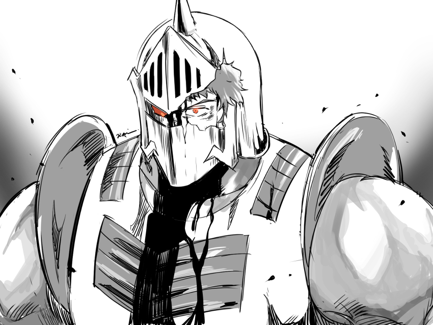 1boy armor battle_damage bleeding blood broken_helmet helmet helmet_over_one_eye highres kinnikuman knight one_eye_covered orange_eyes pon_(1752249) robin_mask solo spiked_helmet spot_color