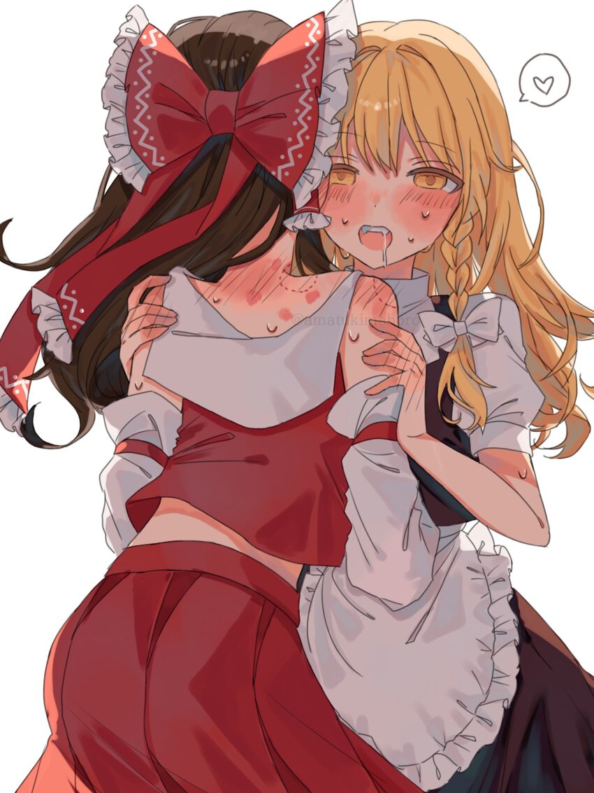 2girls amatukimahoro apron bare_shoulders bite_mark bite_mark_on_shoulder black_skirt black_vest blonde_hair blush bow braid brown_hair detached_sleeves embarrassed frilled_bow frilled_hair_tubes frills hair_bow hair_tubes hakurei_reimu heart highres kirisame_marisa multiple_girls red_bow red_shirt red_skirt ribbon-trimmed_sleeves ribbon_trim saliva shirt side_braid single_braid skirt skirt_set spoken_heart touhou turtleneck vest waist_apron white_shirt yellow_eyes yuri