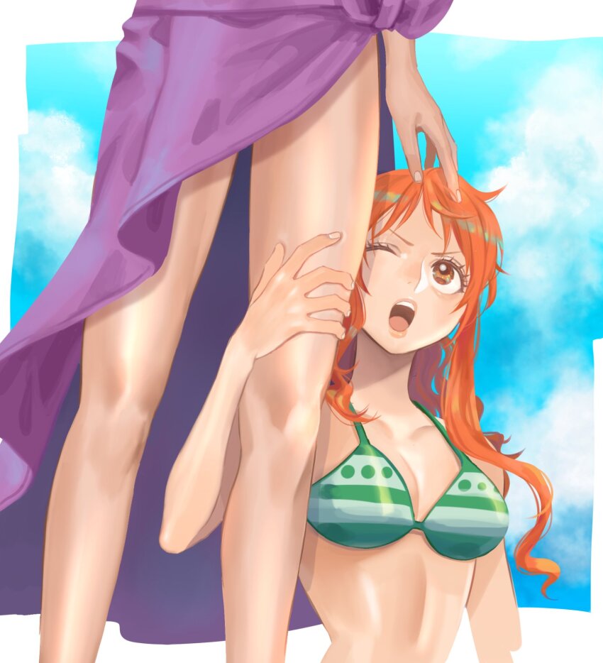 2girls alternate_color bikini bikini_top_only blue_sky cloud commentary_request hand_on_another&#039;s_head hand_on_another&#039;s_thigh highres long_hair looking_up multiple_girls nami_(one_piece) nami_(one_piece)_(return_to_sabaody) nico_robin nico_robin_(return_to_sabaody) nicoliarts one_eye_closed one_piece open_mouth orange_eyes orange_hair purple_sarong sarong sky swimsuit