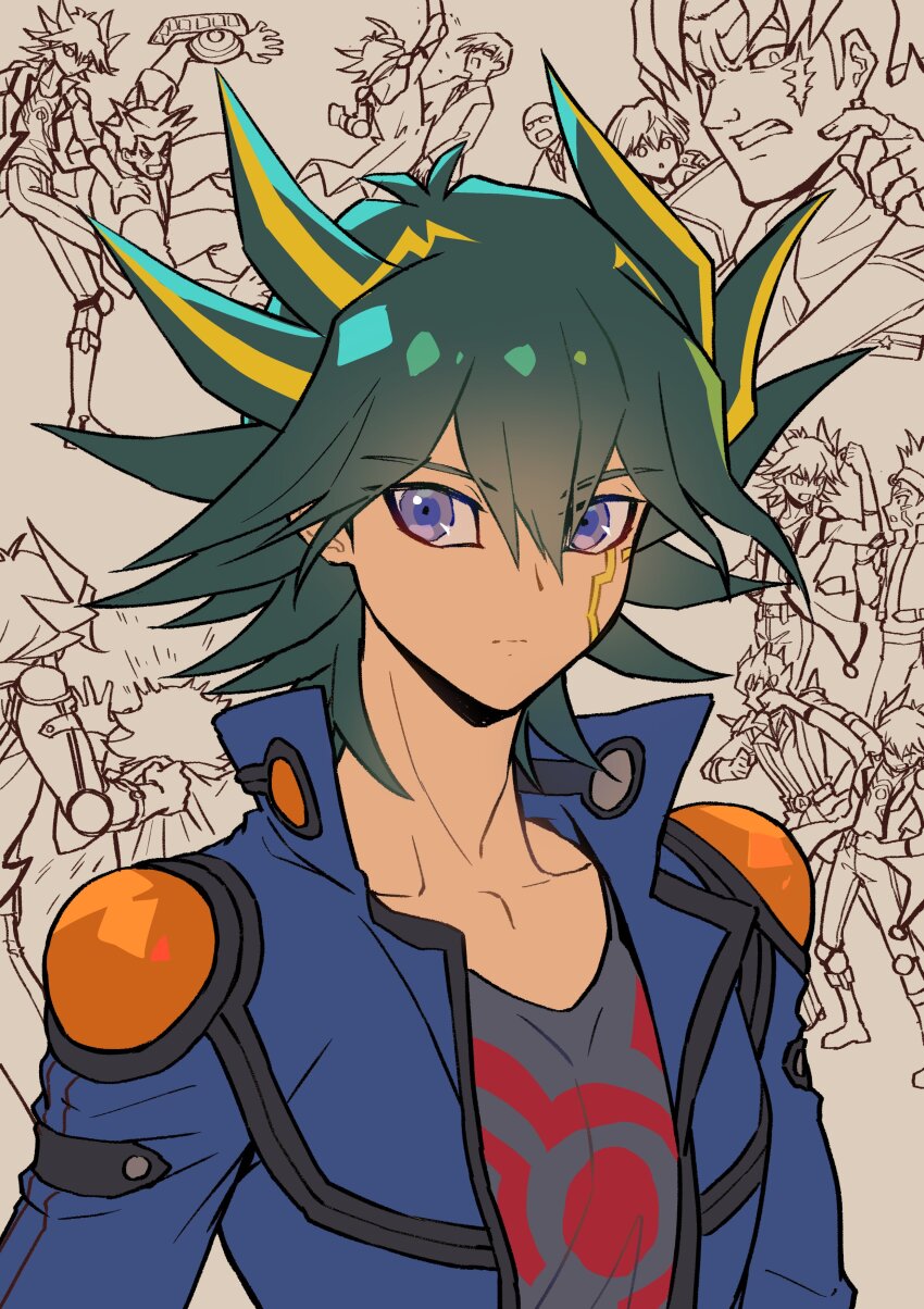 absurdres black_footwear black_hair blonde_hair blue_eyes blue_jacket collarbone crow_hogan duel_disk facial_mark fudo_yusei highres himuro_jin jack_atlas jacket male_focus multicolored_hair punching sagiri_mikage solo_focus streaked_hair upper_body ushio_tetsu yanagi_tenzen youko-shima yu-gi-oh! yu-gi-oh!_5d&#039;s