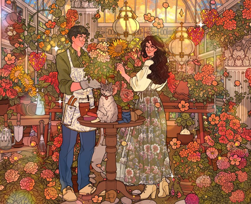 1boy 1girl absurdly_detailed_composition animal artimaking black_hair brown_hair cat dress flower flower_pot full_body gardening gardening_shears glasses green_shirt greenhouse hanging_lantern hanging_light hanging_plant highres holding holding_flower indoors lamp loaded_interior long_dress long_hair long_sleeves original pants pink_flower plant potted_plant red_flower red_rose rose shirt shoes smile standing sunflower table vase window yellow_flower