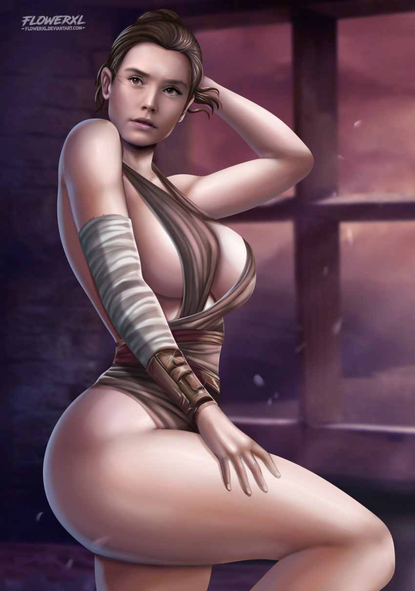 1girl absurdres bad_tag breasts brown_eyes brown_hair colored_skin daisy_ridley female female_focus flowerxl hand_on_own_head hands_on_own_hips highres huge_breasts rey solo star_wars thighhighs white_skin