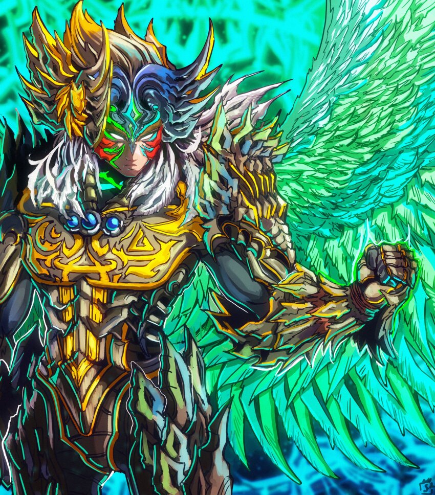 1boy alternate_costume alternate_eye_color alternate_form alternate_hair_color alternate_hair_length alternate_hairstyle angel_(tekken) angel_jin armor arms_up aura black_hair blonde_hair blue_gemstone blue_hair chest_jewel clenched_hand corruption crescent crescent_print crossover dark_persona double_helix facial_mark facial_tattoo feathered_wings fierce_deity fusion gem gloves glowing glowing_eyes greyscale highres kazama_jin looking_at_viewer monochrome multicolored_hair namco nintendo no_pupils possessed possession serious stoic_seraphim tattoo tekken tekken_2 tekken_3 tekken_8 the_legend_of_zelda the_legend_of_zelda:_majora&#039;s_mask triangle triangle_print white_eyes wings