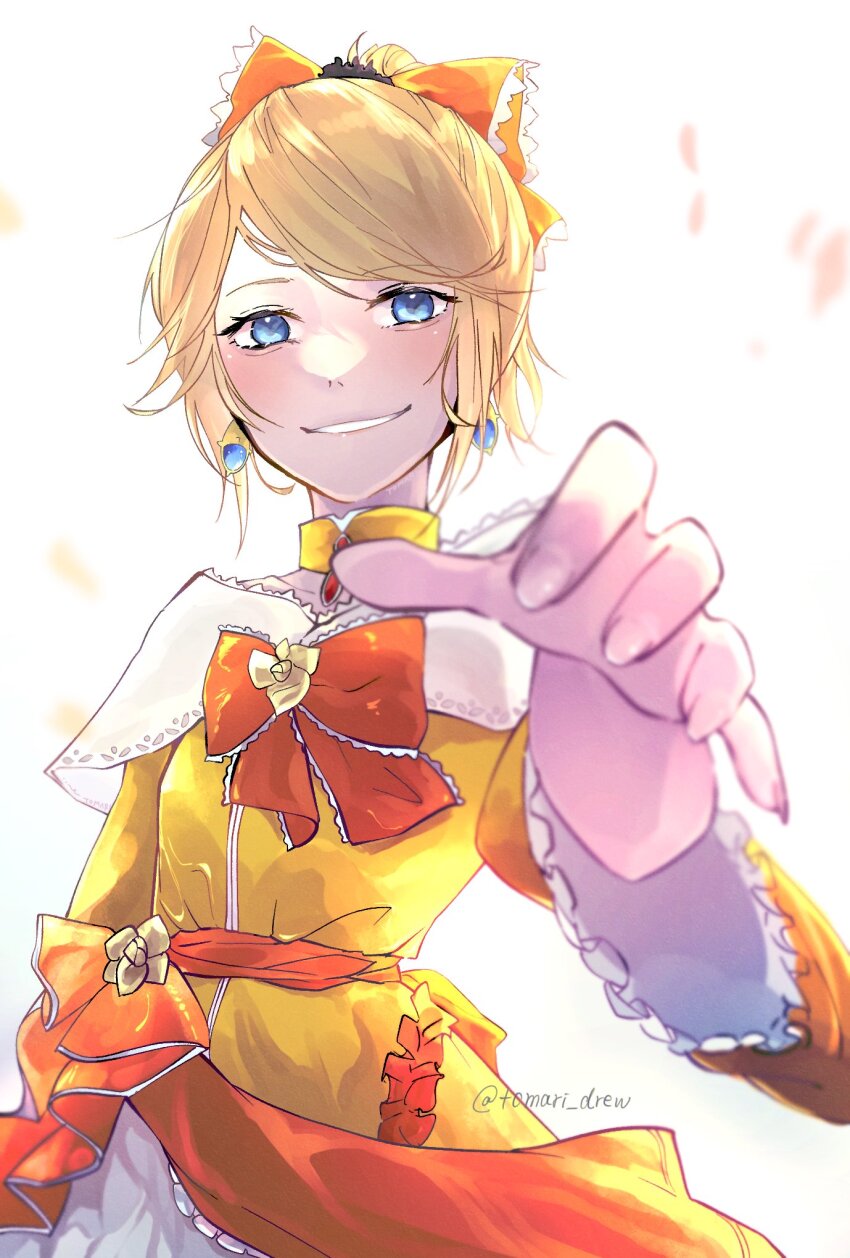 1girl aku_no_musume_(vocaloid) anniversary backlighting bare_shoulders blonde_hair blue_eyes blurry bow brooch choker depth_of_field detached_collar dress dress_bow dress_flower earrings evil_grin evil_smile evillious_nendaiki falling_petals flower frilled_sleeves frills grin hair_bow high_ponytail highres jewelry kagamine_rin long_sleeves looking_at_viewer off-shoulder_dress off_shoulder orange_bow petals ponytail reaching reaching_towards_viewer riliane_lucifen_d&#039;autriche smile solo swept_bangs tomari_drew twitter_username updo vocaloid wide_sleeves yellow_choker yellow_dress
