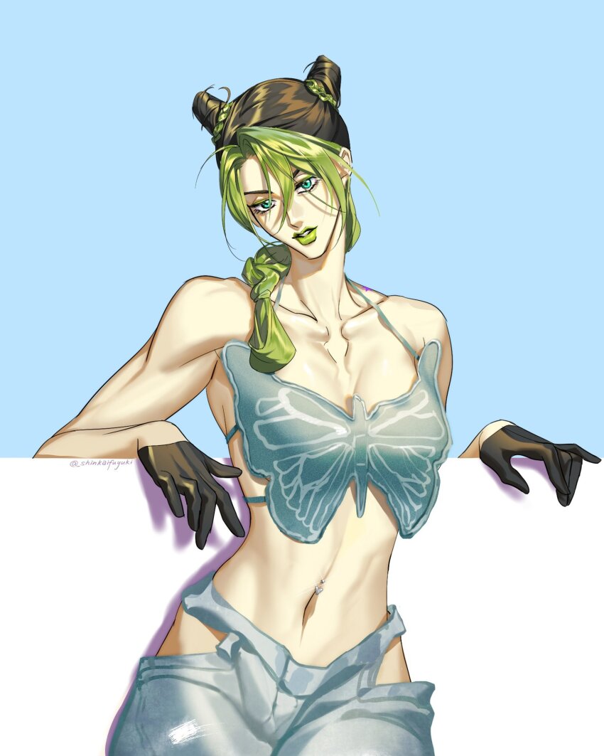 1girl black_gloves black_hair blue_eyes blue_pants breasts bug bun_with_braided_base butterfly cleavage collarbone commentary double_bun gloves green_hair green_lips hair_bun half_gloves head_tilt highres insect jojo_no_kimyou_na_bouken kuujou_jolyne medium_breasts midriff navel_piercing pants parted_lips piercing shinkaifuyuki side_slit solo stone_ocean twitter_username upper_body