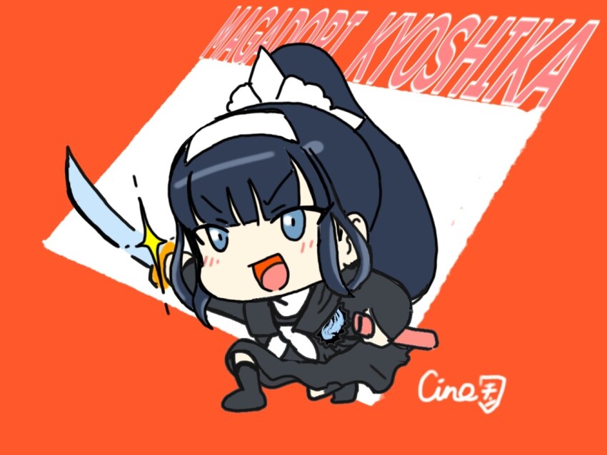 1girl black_hair black_shirt black_shoes black_skirt blue_eyes character_name chibi chibi_only female_focus holding holding_sword holding_weapon holy_jumonji_sword last_defense_academy_school_uniform long_hair magadori_kyoshika open_mouth orange_background shirt shoes skirt solo solo_focus sword the_hundred_line_-last_defense_academy- tongue weapon white_background