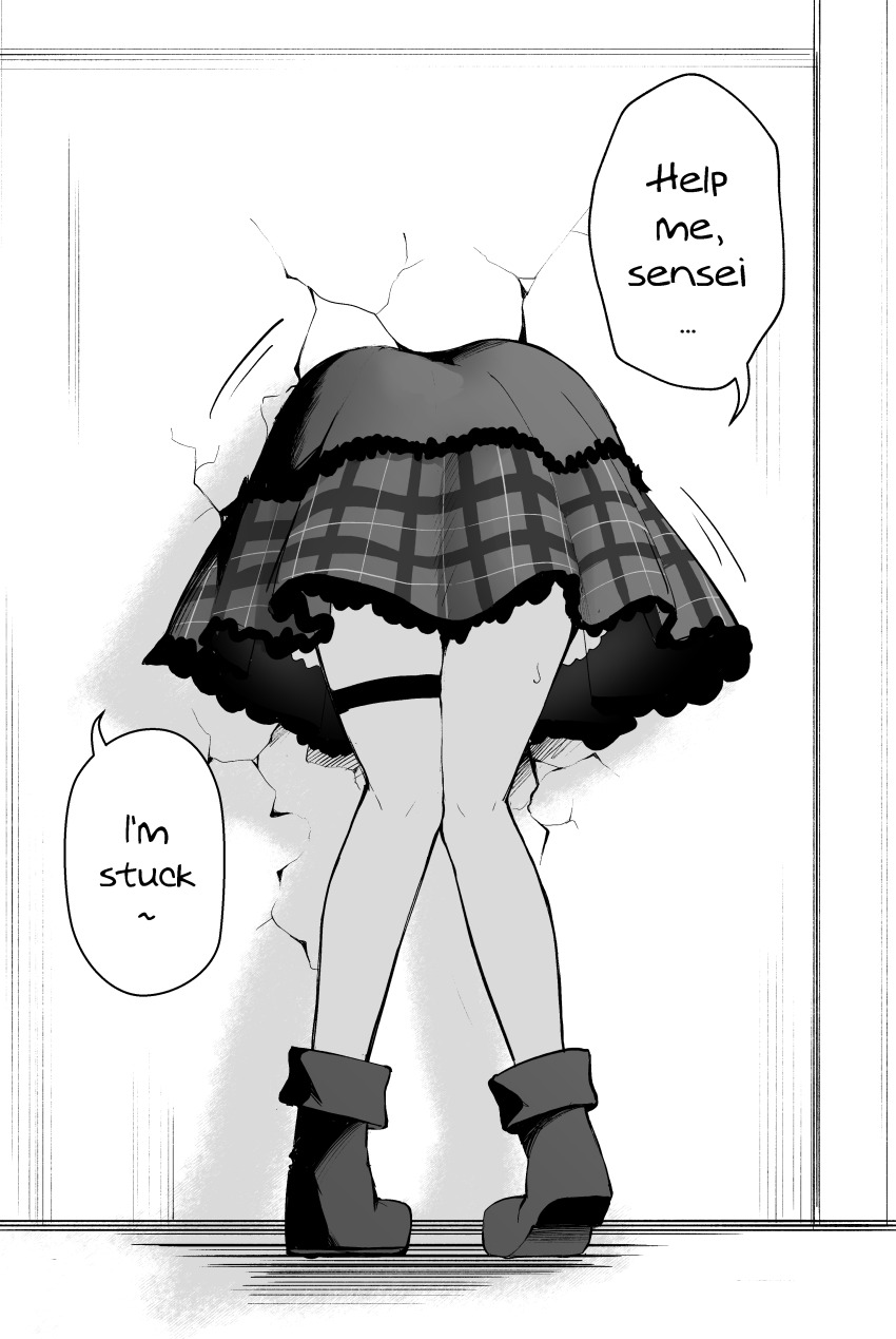 1girl absurdres blue_archive boots clover_dot_(clov_erd) crack cracked_wall english_text from_behind greyscale heel_up highres legs lower_body monochrome mutsuki_(blue_archive) skirt solo standing stuck thigh_strap through_wall