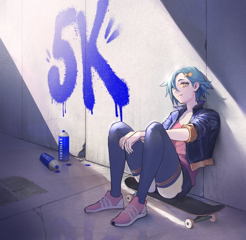 1girl absurdres against_wall arms_on_knees artist_name asymmetrical_bangs black_jacket black_shorts black_thighhighs blue_hair breasts cleavage collared_jacket commentary concrete cropped_jacket curled_fingers dark day english_commentary english_text eyebrows_hidden_by_hair fish_hair_ornament full_body graffiti hair_between_eyes hair_ornament half-closed_eyes head_tilt highres jacket knees_up leaning_back light_rays long_eyelashes looking_at_viewer looking_to_the_side milestone_celebration notice_lines open_clothes open_jacket original outstretched_arms parted_bangs pavement pink_shirt pink_shoes pun shadow shirt shirt_tucked_in shoes short_hair short_shorts shorts sidelocks sitting sitting_on_object skateboard sleeves_rolled_up small_breasts smile sneakers solo spiked_hair spotlight spray_paint sunlight thick_eyelashes thighhighs thighs vertigris yellow_trim