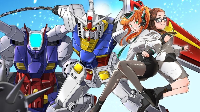 2girls amakawa_mayu ball_and_chain_(weapon) black_footwear black_pantyhose black_shorts blush breasts brown_hair brown_necktie commentary commission cosplay couple english_commentary glasses green_eyes gundam gundam_evolution gundam_suisei_no_majo guntank high-waist_shorts high_heels indie_virtual_youtuber jacket locked_arms looking_at_viewer mecha mecha_focus medium_breasts medium_hair mobile_suit mobile_suit_gundam multiple_girls necktie orange_hair pantyhose parted_lips ponytail real_life rx-78-2_gundam second-party_source shirt shorts smile spiked_ball_and_chain suletta_mercury suletta_mercury_(cosplay) sylvie_clos_(vtuber) v-fin virtual_youtuber white_jacket white_shirt white_shorts yellow_eyes yuri