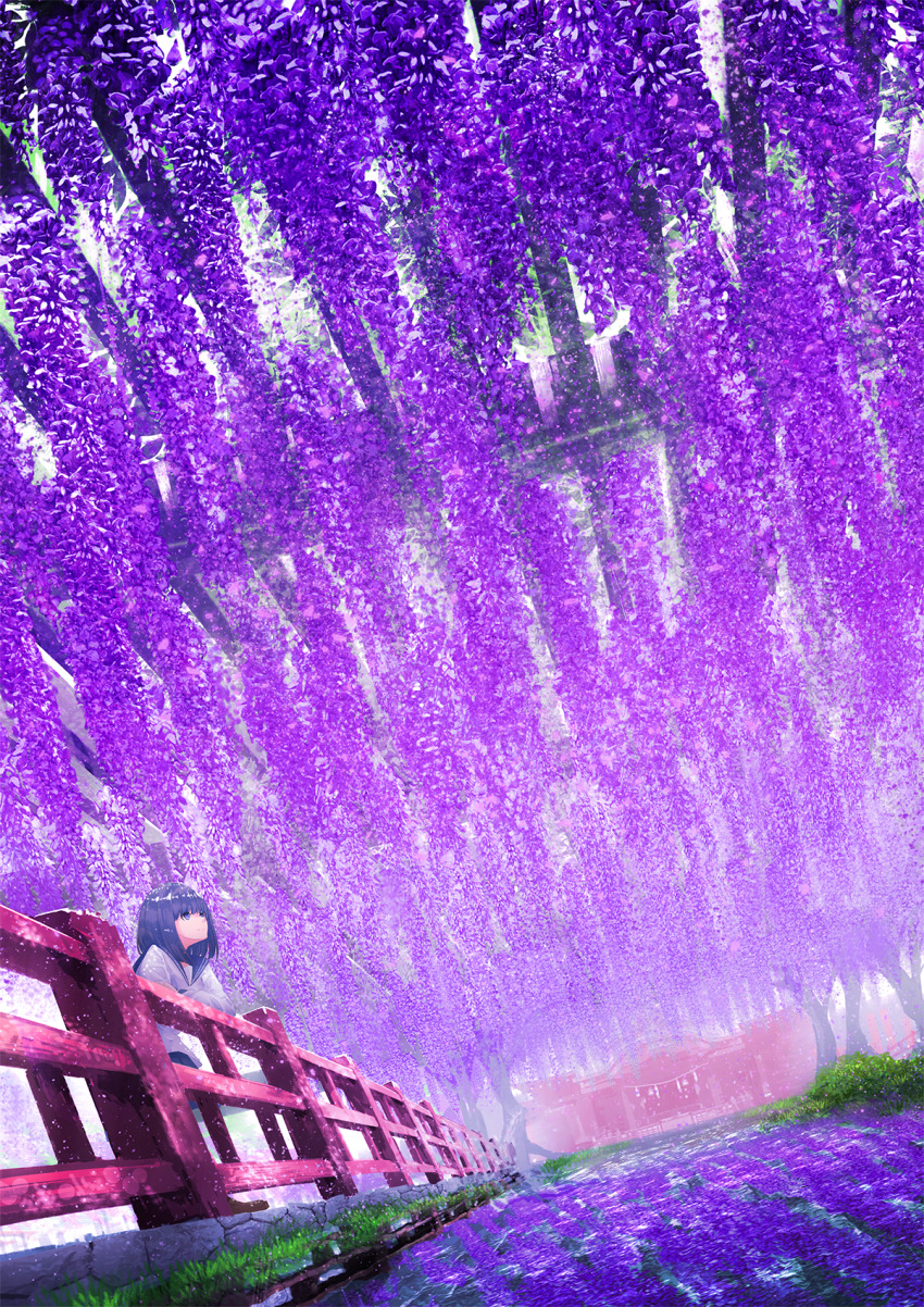 1girl arm_support blue_eyes blue_hair blue_sailor_collar blue_skirt blurry blurry_background chooco_(chocoshi) closed_mouth dappled_sunlight dutch_angle flats flower highres leaning_forward long_sleeves looking_up medium_hair original pavement perspective photo_background pleated_skirt purple_flower purple_theme railing sailor_collar scenery school_uniform serafuku shirt skirt smile solo standing sunlight temple tree veranda white_shirt wisteria