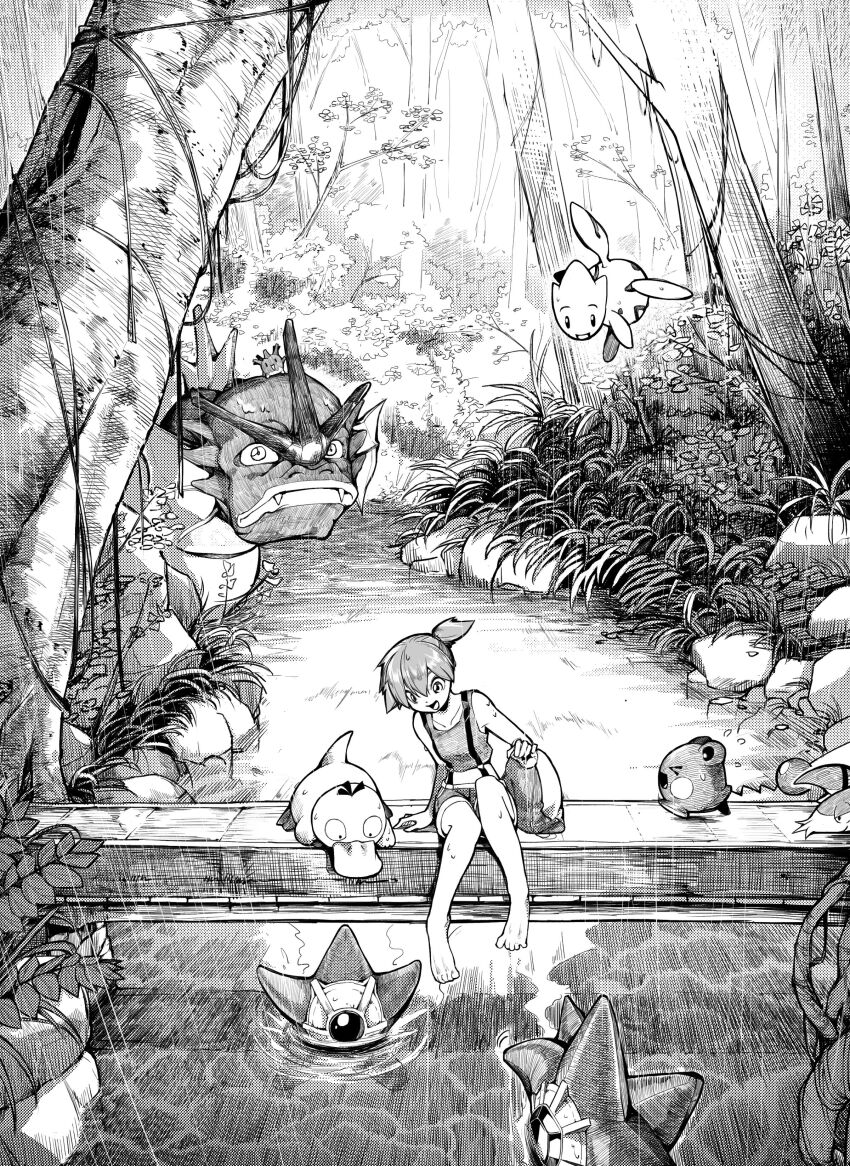 1girl absurdres asymmetrical_hair azurill bare_legs barefoot bridge corsola denim denim_shorts feet forest furry gen_1_pokemon gen_2_pokemon gen_3_pokemon grass gyarados highres kokoniau legs looking_at_another misty_(pokemon) monochrome nature nintendo outdoors plant pokemon pokemon_(anime) pokemon_(classic_anime) ponytail psyduck shirt short_hair shorts side_ponytail sitting starmie staryu suspenders tank_top togetic tree water