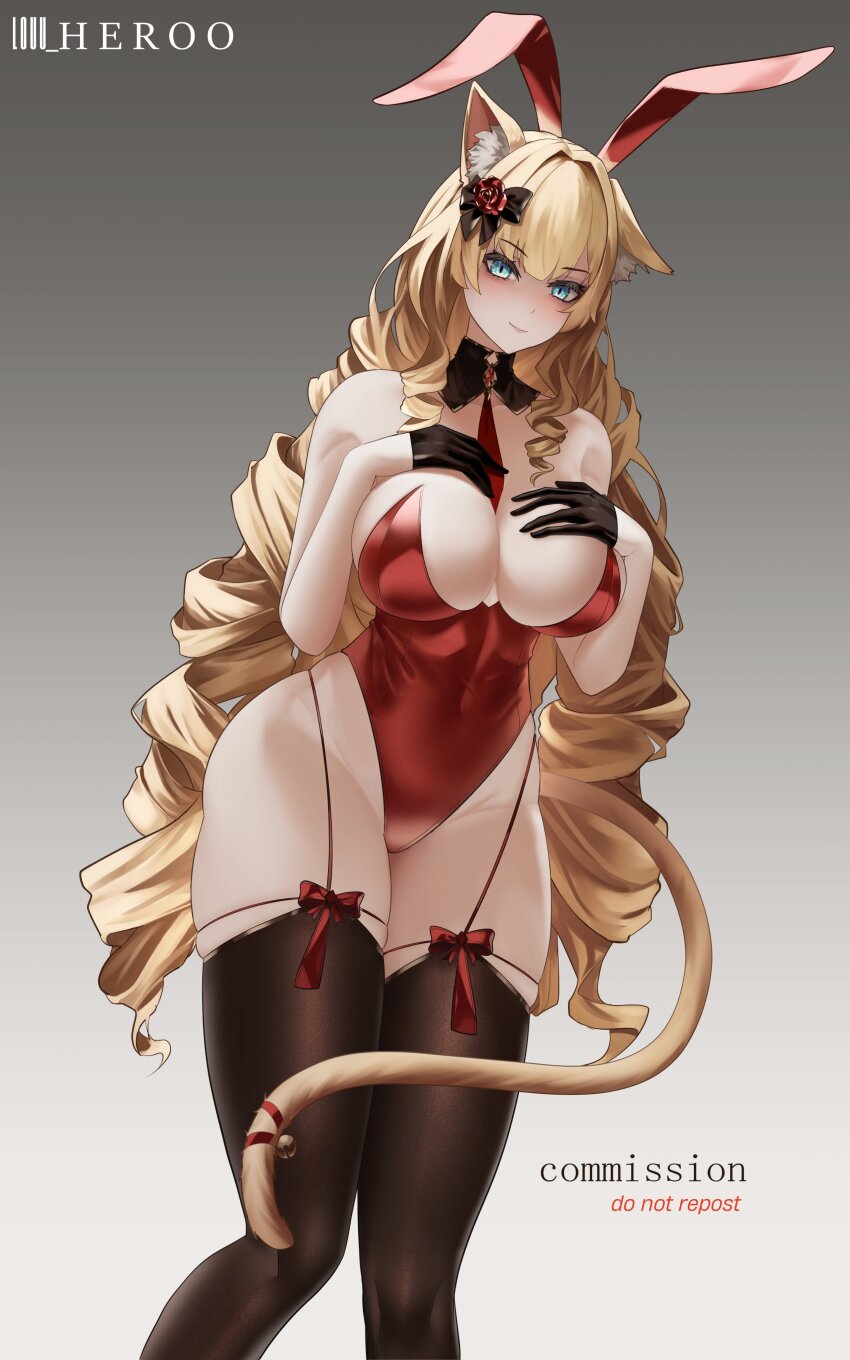 1girl absurdres animal_ears aqua_eyes artist_name bare_shoulders between_breasts black_gloves black_thighhighs blonde_hair blush bow breasts cat_ears cat_girl cat_tail closed_mouth commentary covered_navel detached_collar drill_hair english_commentary feet_out_of_frame garter_straps gloves grey_background hair_bow highres large_breasts leotard long_hair looking_at_viewer louu_heroo necktie necktie_between_breasts original red_leotard red_necktie simple_background smile solo standing tail thighhighs thighs twin_drills