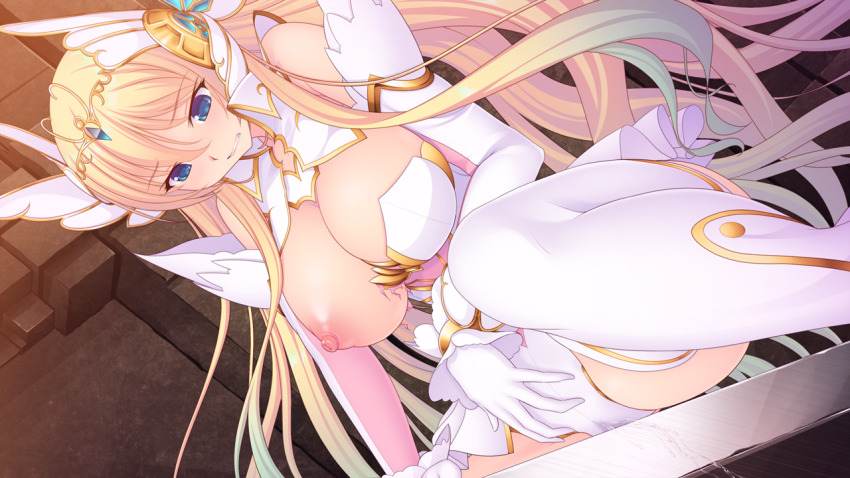 1girl bare_shoulders blonde_hair blue_eyes blush breast_slip breasts crotch_rub detached_sleeves dutch_angle elbow_gloves en_ciel_rena en_ciel_rena_(laelith) female_masturbation game_cg gloves gradient_hair headgear kourin_tenshi_en_ciel_rena large_breasts large_variant_set long_hair looking_down magical_girl masturbation multicolored_hair nipples non-web_source official_art one_breast_out pussy_juice pussy_juice_stain saitou_natsuki sitting solo suhamaya thighhighs tiara tomoe_rena variant_set very_long_hair white_gloves white_thighhighs