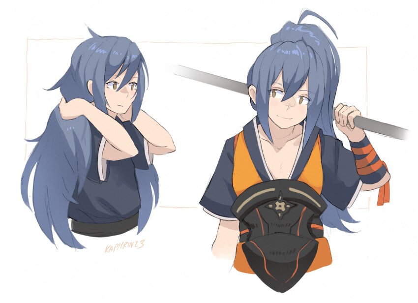 1girl blue_hair braid brown_eyes crown_braid dark_blue_hair fire_emblem fire_emblem_fates hair_between_eyes highres holding holding_polearm holding_weapon japanese_clothes kaphrin long_hair looking_at_viewer nintendo oboro_(fire_emblem) polearm ponytail weapon