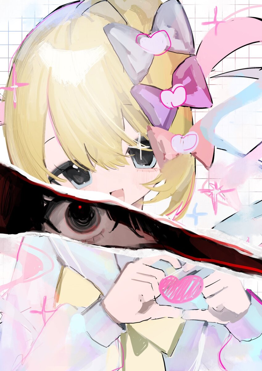 2girls :d ame-chan_(needy_girl_overdose) black_eyes black_hair blonde_hair blue_eyes blue_hair blue_serafuku blunt_bangs bow chouzetsusaikawa_tenshi-chan crazy_eyes diagonal_bangs dual_persona grid_background hair_bow heart heart_hands heart_in_heart_hands highres looking_at_viewer mika3kami multiple_girls multiple_hair_bows needy_girl_overdose open_mouth pink_hair red_light revealing_layer school_uniform serafuku smile sparkle torn_paper twintails