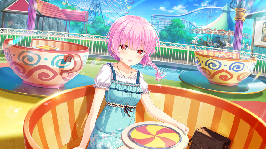 1girl amusement_park bare_legs blue_dress day dress girlfriend_(kari) hanafusa_yuki official_art open_mouth outdoors pink_hair qp:flapper red_eyes shirt shoes sitting smile solo tagme white_shirt