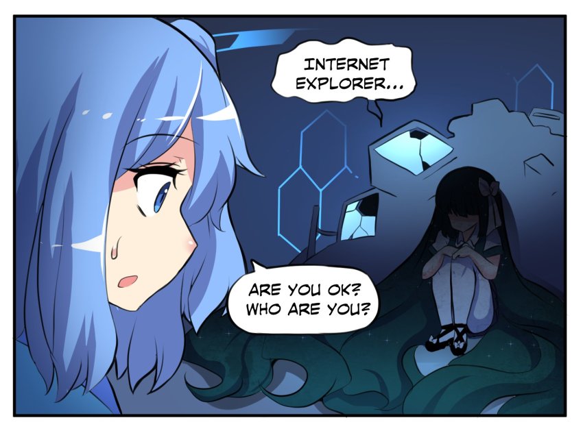 2girls 4koma absurdly_long_hair blue_eyes blue_hair bow broken broken_glass broken_screen comic english_text glass gradient_hair hair_bow highres hinghoi internet_explorer internet_explorer_(merryweather) knees_up long_hair multicolored_hair multiple_girls netscape netscape_(merryweather) original os-tan personification shaded_face short_sleeves sitting sparkle speech_bubble sweatdrop very_long_hair white_legwear