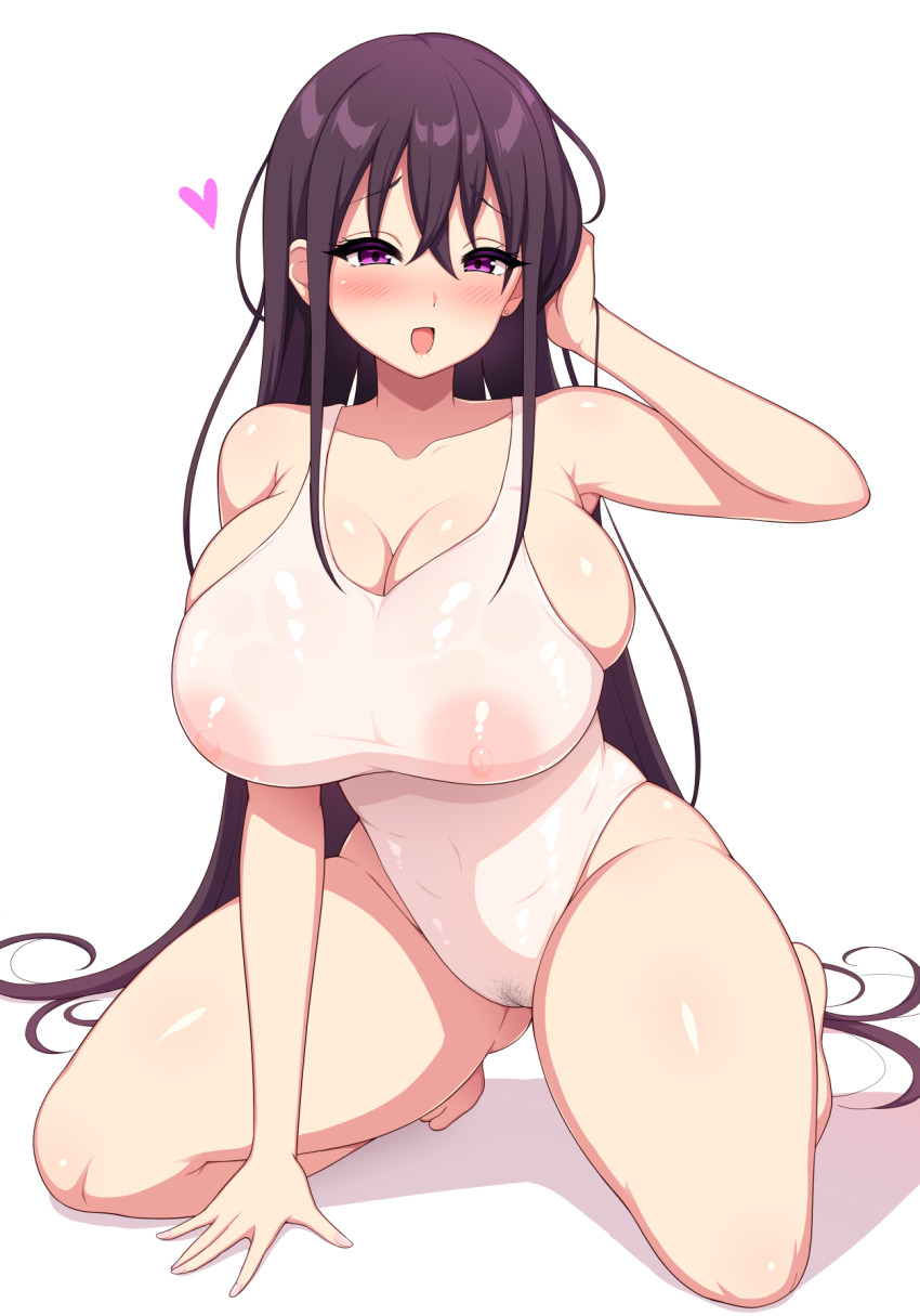 1girl :d aikome_(haikome) arm_between_legs bare_legs barefoot blush breasts brown_hair cameltoe cleavage colored_eyelashes covered_erect_nipples covered_navel curvy female_pubic_hair hair_between_eyes half-closed_eyes hand_in_own_hair hand_on_own_head heart highleg highleg_one-piece_swimsuit highres kneeling large_breasts long_hair looking_at_viewer one-piece_swimsuit open_mouth original pubic_hair purple_eyes raised_eyebrows school_swimsuit see-through_clothes see-through_one-piece_swimsuit sidelocks simple_background skindentation smile swimsuit taut_clothes taut_swimsuit thighs very_long_hair white_background white_one-piece_swimsuit