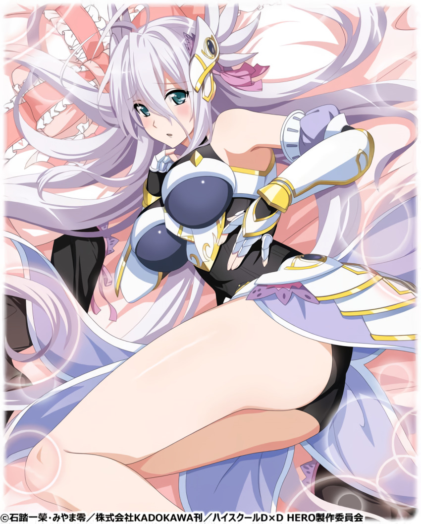 1girl ahoge armor ass bare_shoulders bed black_leotard bracer breastplate breasts faulds gauntlets green_eyes hair_between_eyes headgear high_school_dxd high_school_dxd_hero highres large_breasts leotard long_hair looking_at_viewer lying official_art on_bed on_side open_mouth rossweisse sangoku_taisen_smash! thighs very_long_hair white_hair