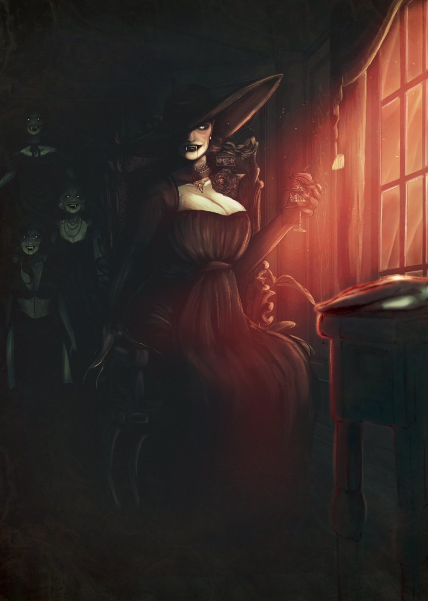 4girls alcina_dimitrescu armchair bela_dimitrescu blood blood_from_mouth breasts cassandra_dimitrescu chair cleavage daniela_dimitrescu dark_background evil_smile fangs fingernails glowing glowing_eyes hat highres kimothy large_breasts long_fingernails mature_female multiple_girls pale_skin resident_evil resident_evil_village sharp_fingernails sharp_teeth sitting smile teeth