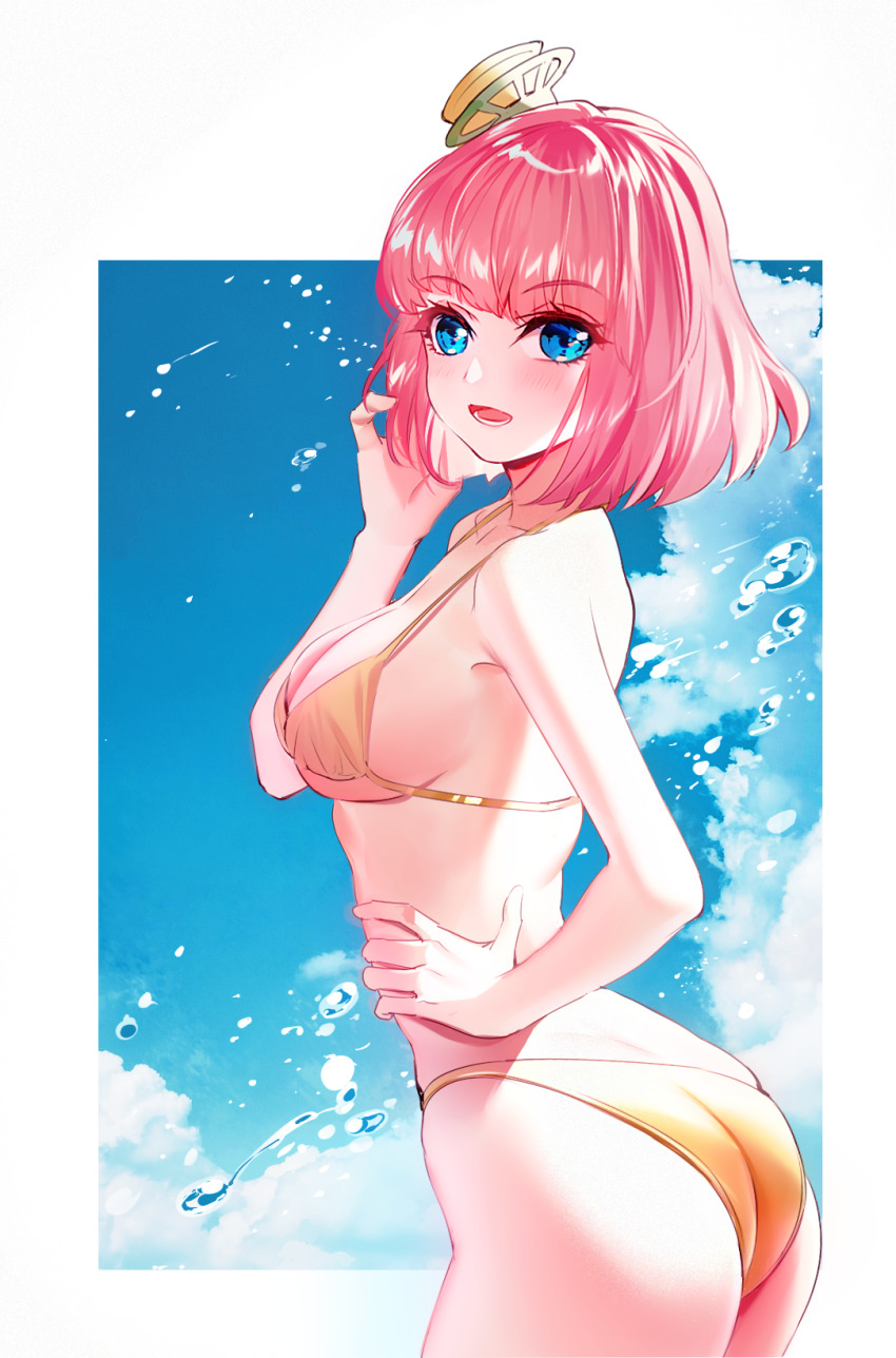 1girl ass baocaizi bikini blue_eyes breasts cleavage hair_ornament highres kamen_rider kamen_rider_ex-aid_(series) large_breasts open_mouth pink_hair poppi_pipopapo short_hair sky solo swimsuit water yellow_bikini