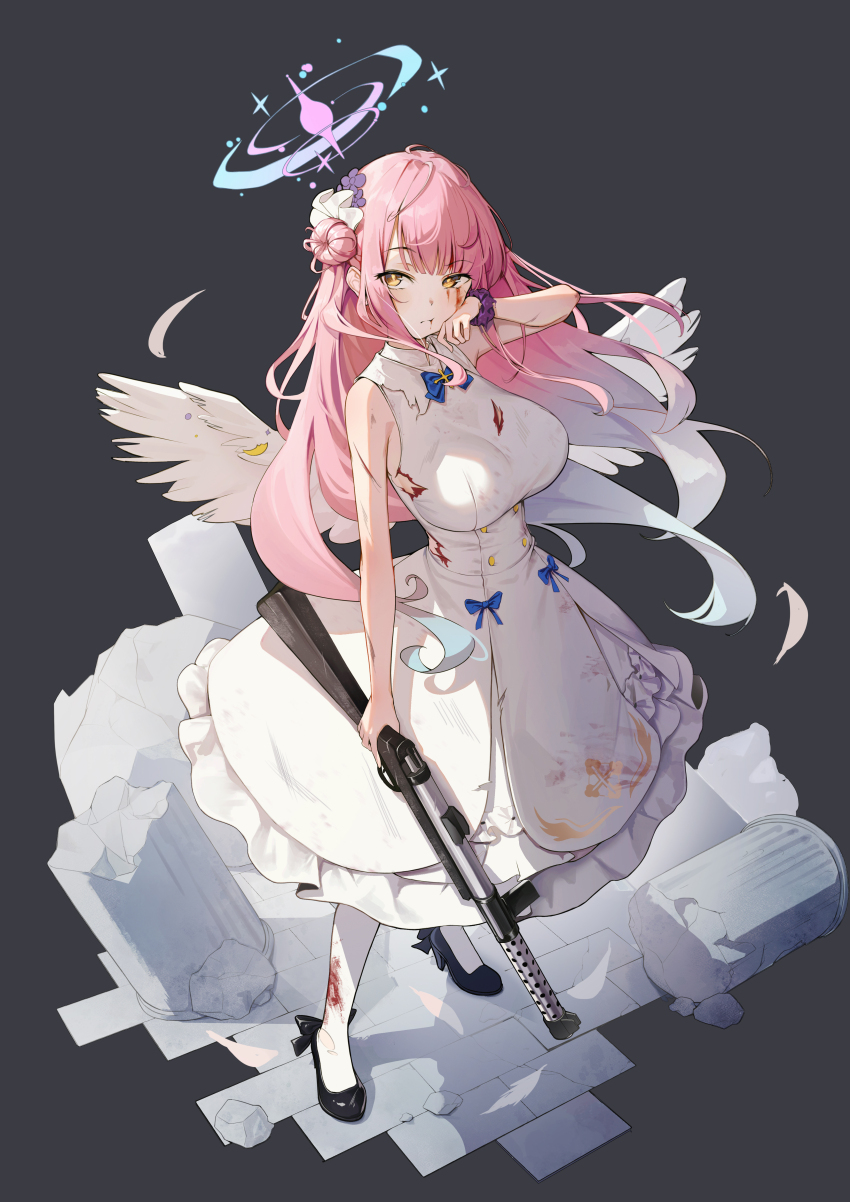 1girl absurdres black_footwear blood blood_on_clothes blood_on_face blue_archive blush breasts dampi dress falling_feathers feathered_wings feathers floating_hair full_body gun hair_bun halo highres holding holding_gun holding_weapon lanchester_smg large_breasts long_hair looking_at_viewer mika_(blue_archive) pantyhose pink_hair scrunchie shotgun single_side_bun sleeveless sleeveless_dress solo standing submachine_gun very_long_hair weapon white_dress white_pantyhose white_wings wings wrist_scrunchie yellow_eyes