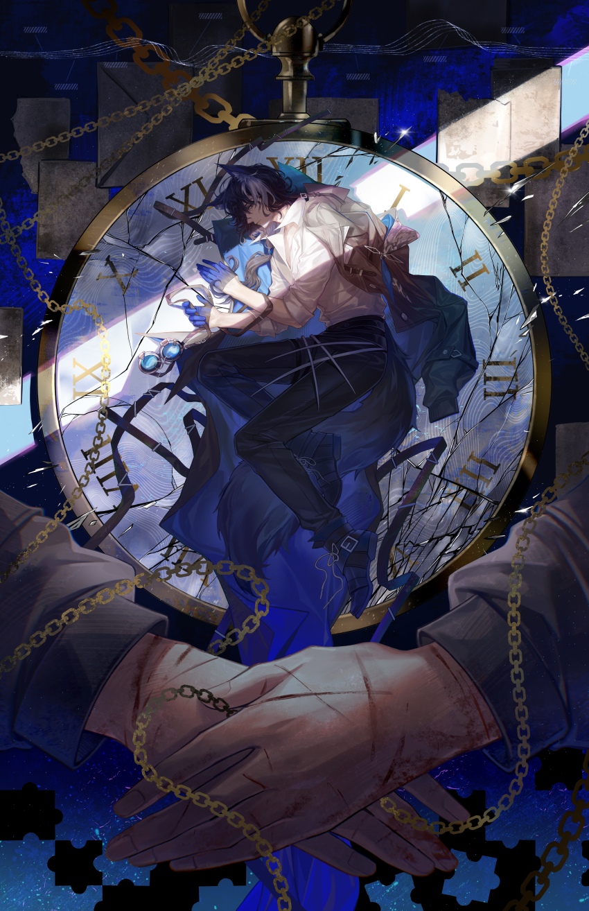 1boy absurdres animal_ears arknights black_pants black_tail blood blue_gloves broken chain chinese_commentary closed_mouth commentary_request cuts full_body gloves goggles gold_chain gradient_hair grey_hair half_gloves highres injury jigsaw_puzzle kongwuming long_hair looking_at_viewer making-of_available male_focus mole mole_under_eye multicolored_hair nowell_(arknights) own_hands_together pants pocket_watch procreate_(medium) profile purple_hair puzzle puzzle_piece scratches shirt solo tail unworn_goggles watch white_shirt